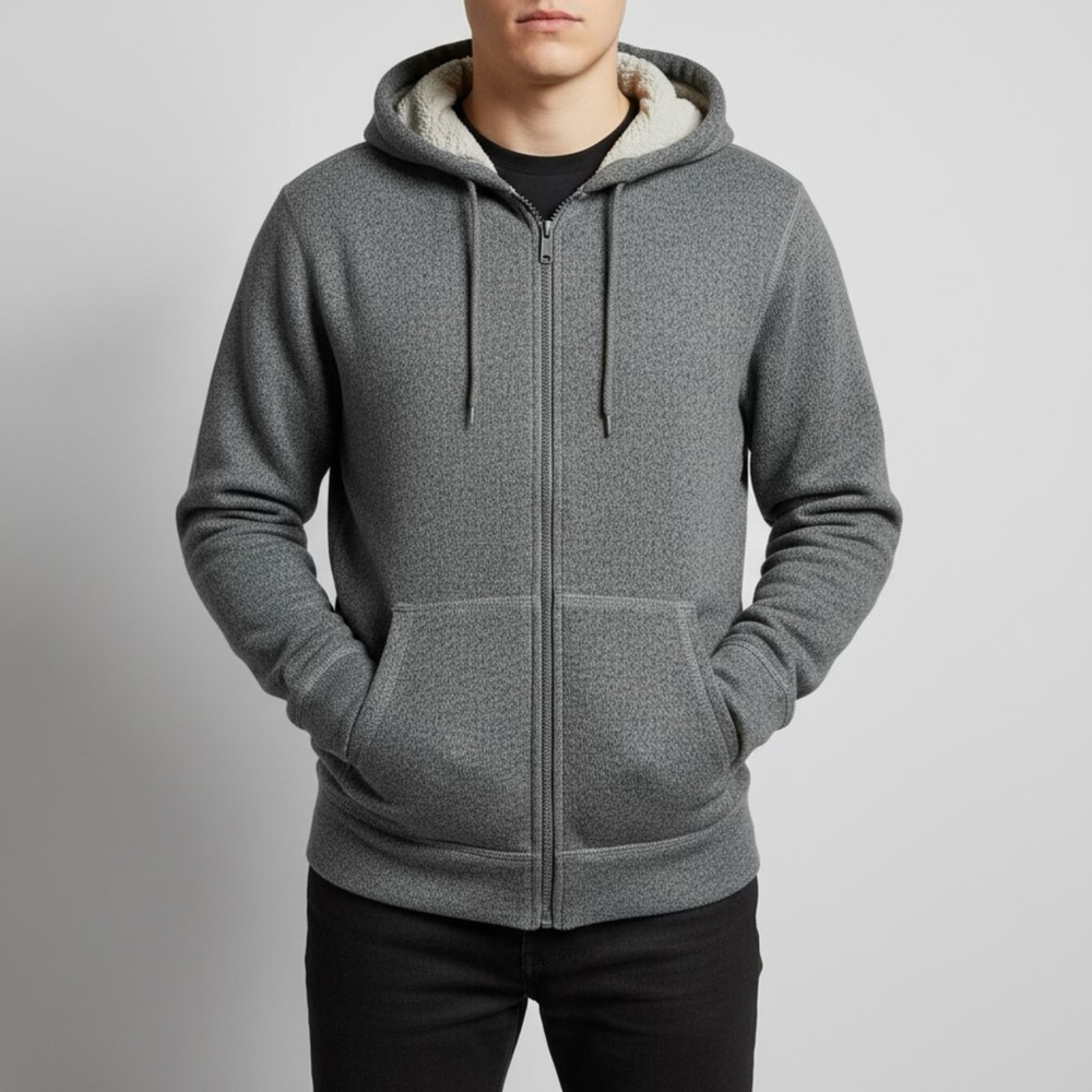 Men's Zip-Up Gray Sherpa Sweater Cotton‎ Blend Hooded Cozy Warm size Medium